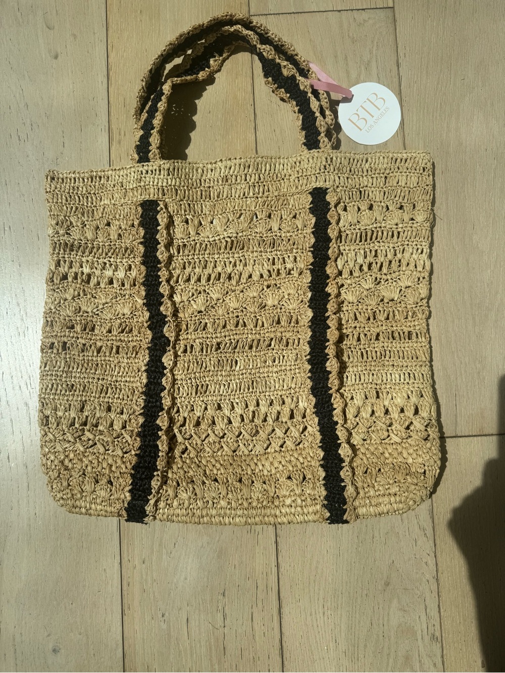 BTB Los Angeles Woven Tote Bag in Tan with Black Stripes